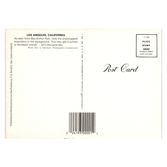 Vintage Los Angeles Postcard Featuring MacArthur Park Skyline City Roadway - Picture 2 of 2